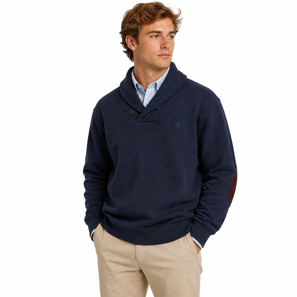 Y2K Polo Ralph Lauren Men's XL Navy Shawl Collar Sweater Elbow Patch 100% Cotton